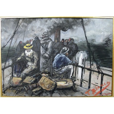 T.BIANCO, Les Voyageurs sur le pont (Marine), GOUACHE / ENCRE, vers 1900
