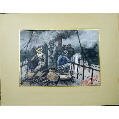 T.BIANCO, Les Voyageurs sur le pont (Marine), GOUACHE / ENCRE, vers 1900