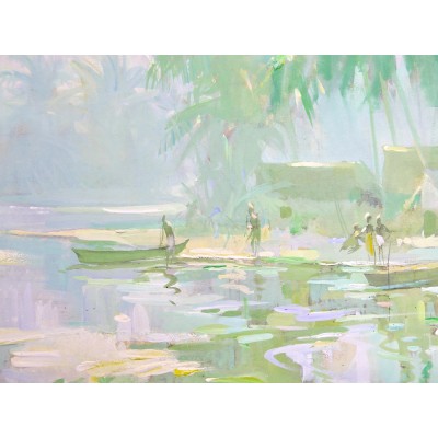 Guy HUZE (1912-1997), Pirogues sur la Lagune, GABON. GOUACHE