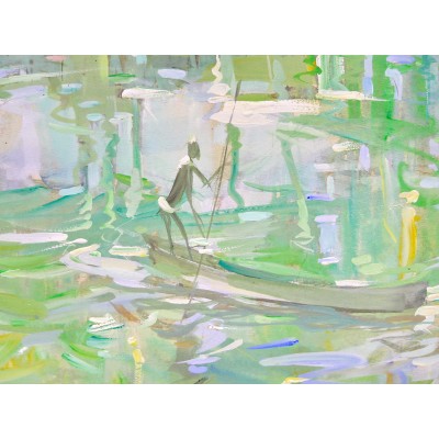 Guy HUZE (1912-1997), Pirogues sur la Lagune, GABON. GOUACHE