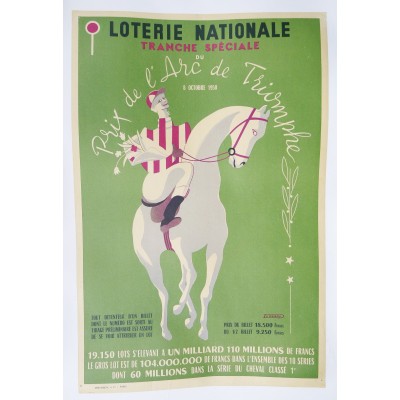 AFFICHE ORIGINALE, LOTERIE NATIONALE, Grand Prix de l'Arc de Trimphe 1950 par DUPERRY