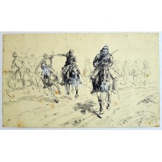 Henri George CHARTIER (1859-1924), BATAILLE de CAVALIERS, ART MILITAIRE 2nd EMPIRE, ENCRE