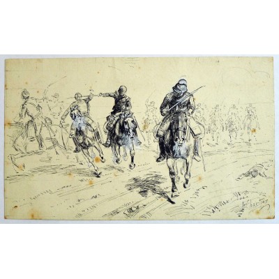 Henri George CHARTIER (1859-1924), BATAILLE de CAVALIERS, ART MILITAIRE 2nd EMPIRE, ENCRE