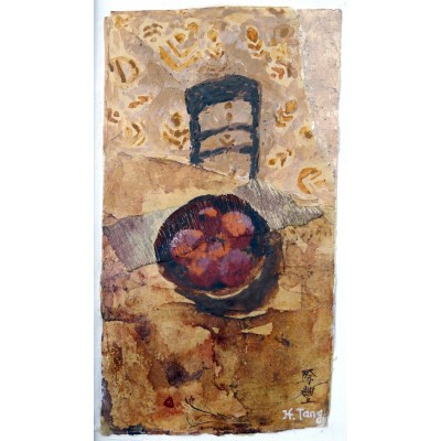 Jih fong TANG (née 1969), NATURE MORTE aux POMMES. Gouache, collages. TAIWAN