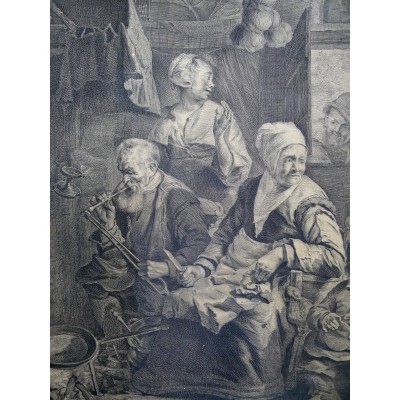 Cornelis II VISSCHER (1619/29-1658/62), GRAVURE, Le repas de crêpes. Die Pfannkuchenbäckerin..