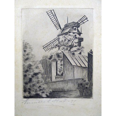 D.VERMOREL. GRAVURE, MOULIN à MONTMARTRE ANNEES 1930.