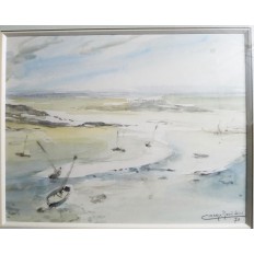 René Sim LACAZE (1901-2000). LES BATEAUX A MAREE BASSE, COTE BRETONNE, AQUARELLE.