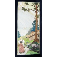 PAYSAGE DE MONTAGNE, SUISSE, LITHOGRAPHIE vers 1900 de F.MEDAILLE, ART-NOUVEAU. AFFICHE TOURISTIQUE