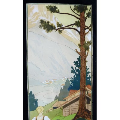 PAYSAGE DE MONTAGNE, SUISSE, LITHOGRAPHIE vers 1900 de F.MEDAILLE, ART-NOUVEAU. AFFICHE TOURISTIQUE