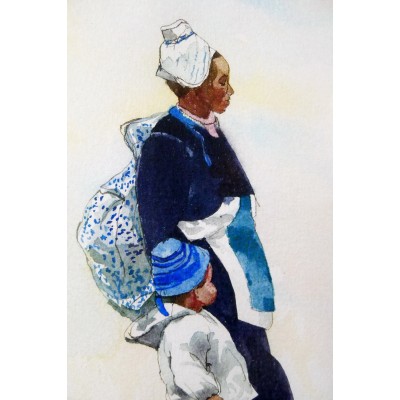 Michel KING (né 1930) PEINTRE OFFICIEL DE LA MARINE. COREE DU SUD, Femme et Enfant, AQUARELLE