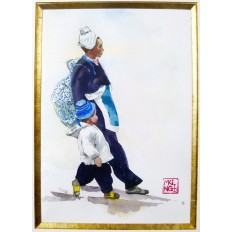 Michel KING (né 1930) PEINTRE OFFICIEL DE LA MARINE. COREE DU SUD, Femme et Enfant, AQUARELLE