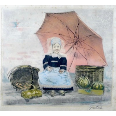 Georges PLASSE (1878-1948), LA PETITE MARCHANDE de PONT-AVEN, GRAVURE