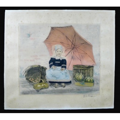 Georges PLASSE (1878-1948), LA PETITE MARCHANDE de PONT-AVEN, GRAVURE