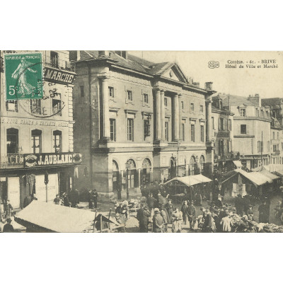 CPA: BRIVE la GAILLARDE, HOTEL de VILLE et MARCHE, vers 1910
