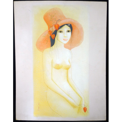 MARA TRAN LONG (née 1935), "Jeune Fille et l'Amour en Cage", AQUARELLE, 1971