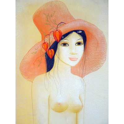 MARA TRAN LONG (née 1935), "Jeune Fille et l'Amour en Cage", AQUARELLE, 1971