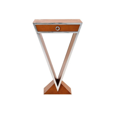 CONSOLE ART-DECO TRIANGULAIRE NOYER ET INOX, 1 TIROIR