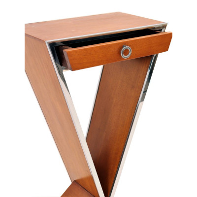 CONSOLE ART-DECO TRIANGULAIRE NOYER ET INOX, 1 TIROIR