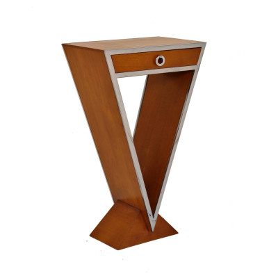 CONSOLE ART-DECO TRIANGULAIRE NOYER ET INOX, 1 TIROIR