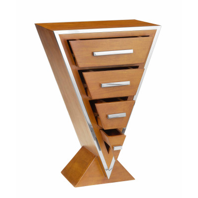 PETITE COMMODE ART-DECO TRIANGULAIRE NOYER ET INOX