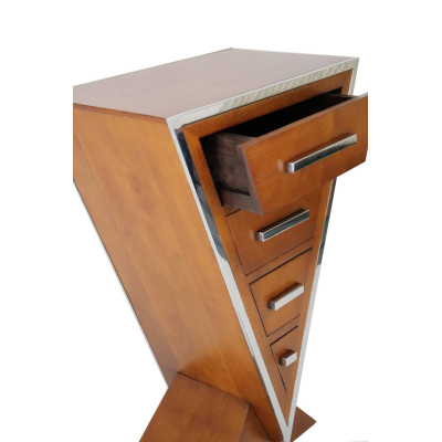 PETITE COMMODE ART-DECO TRIANGULAIRE NOYER ET INOX