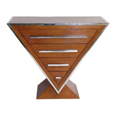 GRANDE COMMODE ART-DECO TRIANGULAIRE NOYER ET INOX