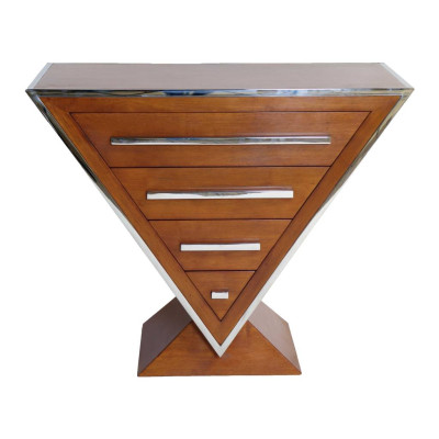 GRANDE COMMODE ART-DECO TRIANGULAIRE NOYER ET INOX