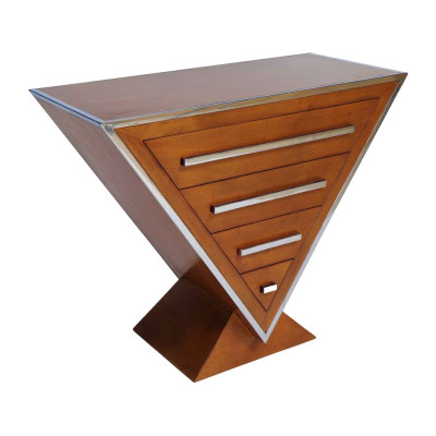 GRANDE COMMODE ART-DECO TRIANGULAIRE NOYER ET INOX