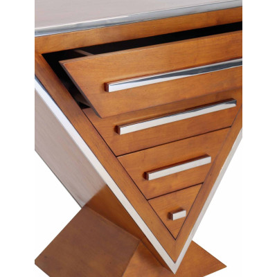 GRANDE COMMODE ART-DECO TRIANGULAIRE NOYER ET INOX